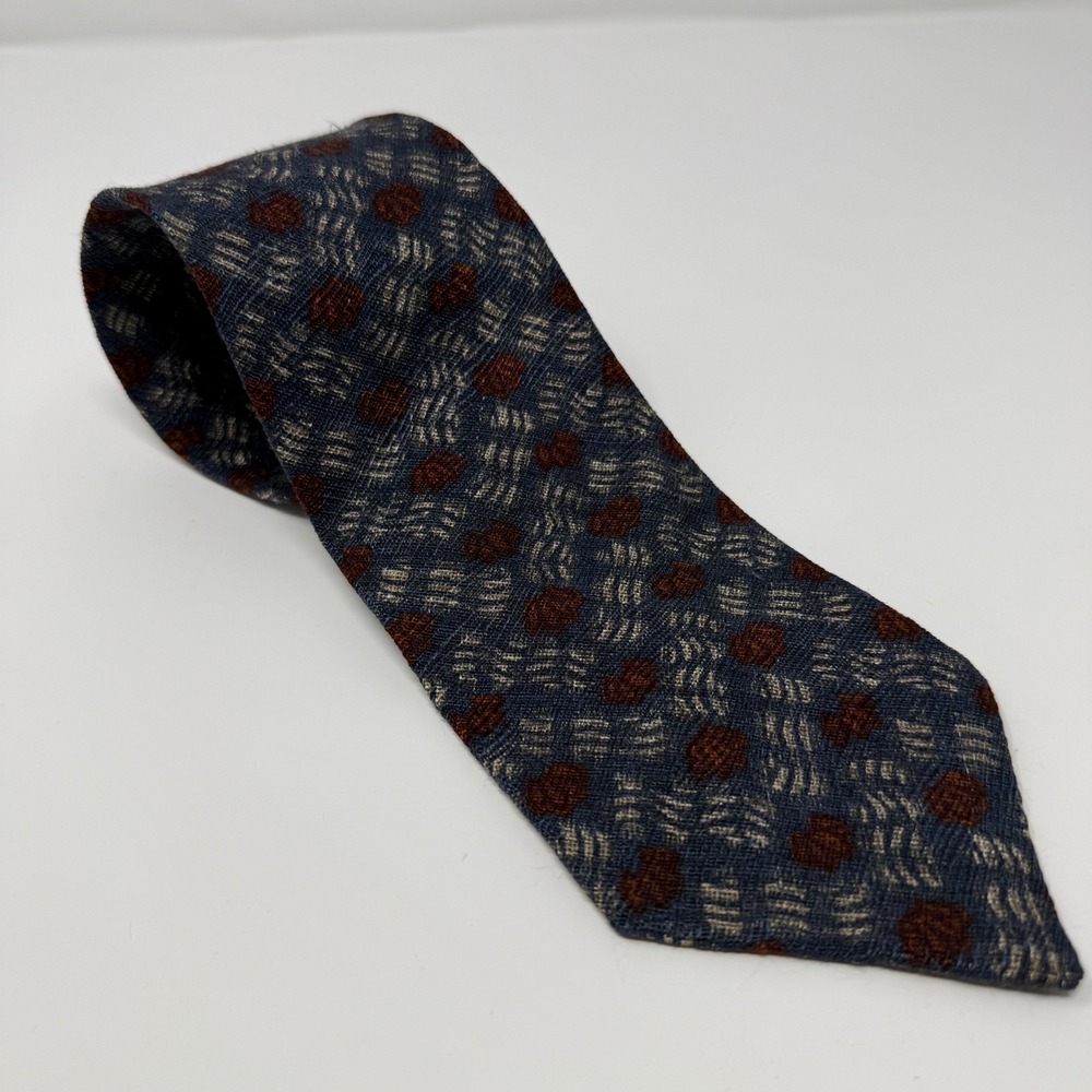 Halston Mens Silk Tie Blue Brown Abstract Geometric Woven Made in USA Classic